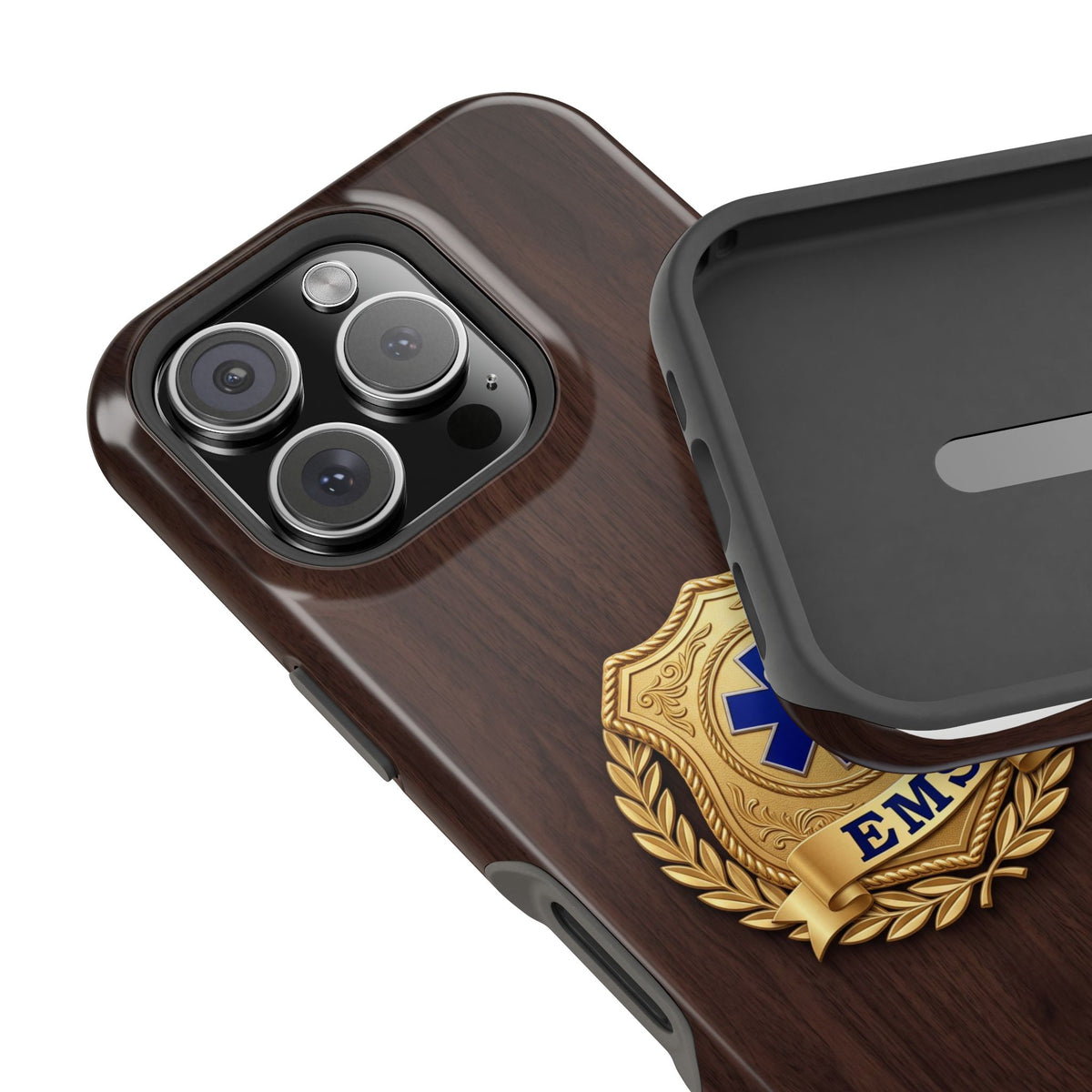 Gold EMS Laurel Badge Wood Phone Case — Magnetic Wireless Charging Cover