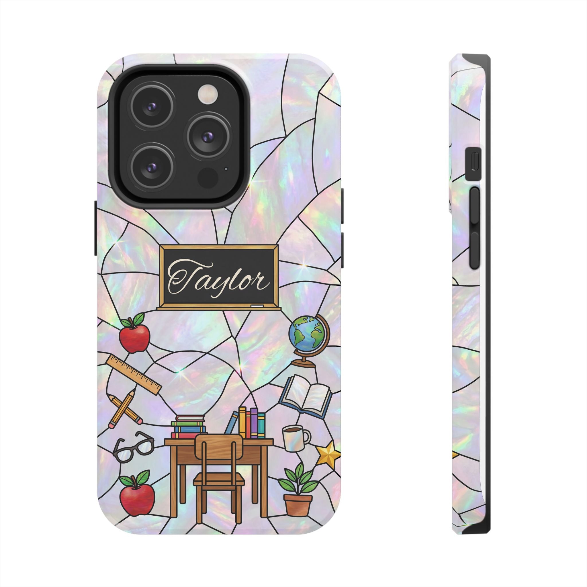 Personalized Teacher Phone Case — Custom Name Stained Glass Classroom Design