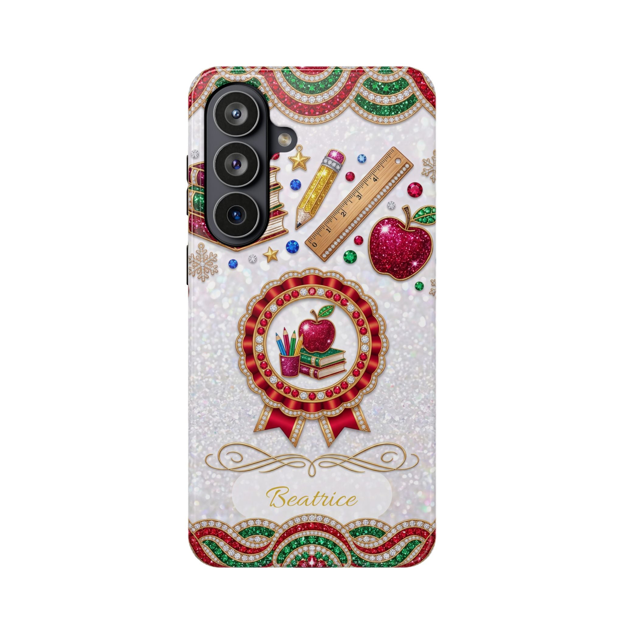Jeweled Apple Medallion Personalized Teacher Phone Case — Wireless Charging Cover