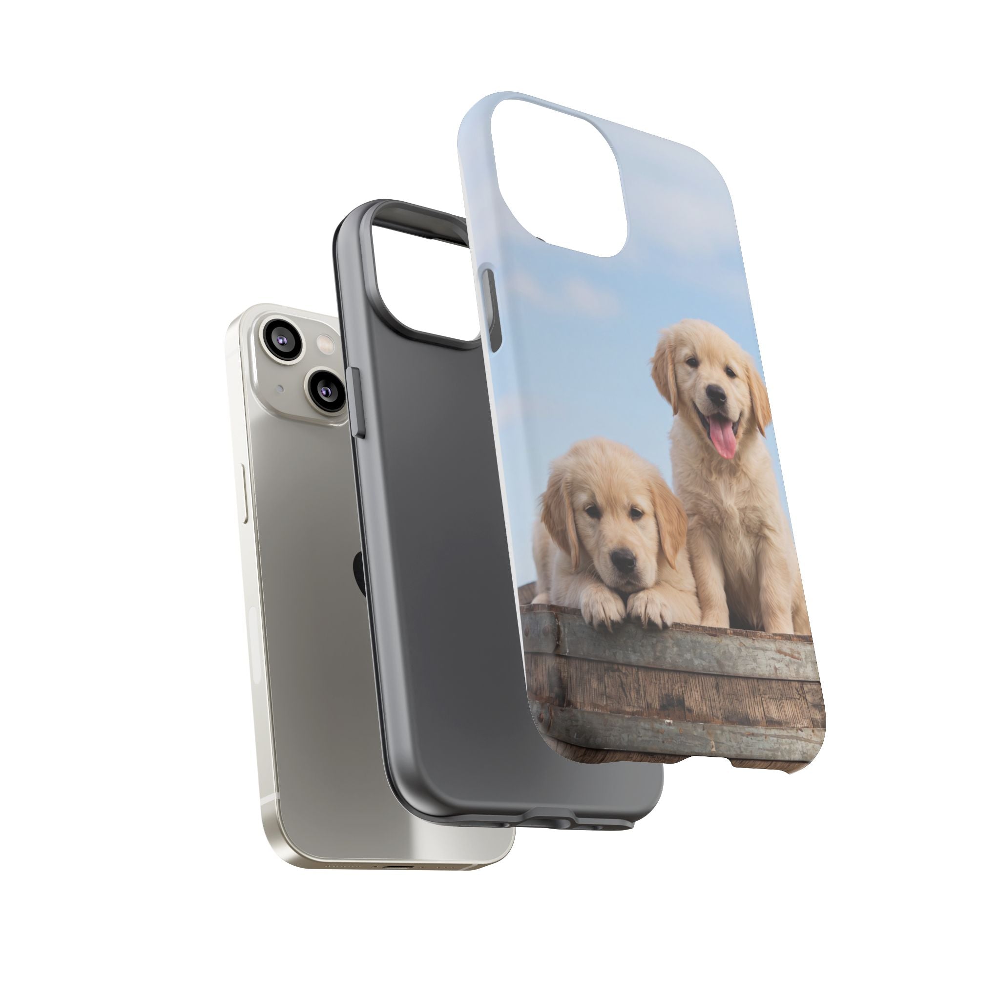 Golden Retriever Puppies on Barrel Phone Case | Cute Duo Under Blue Sky | iPhone & Samsung