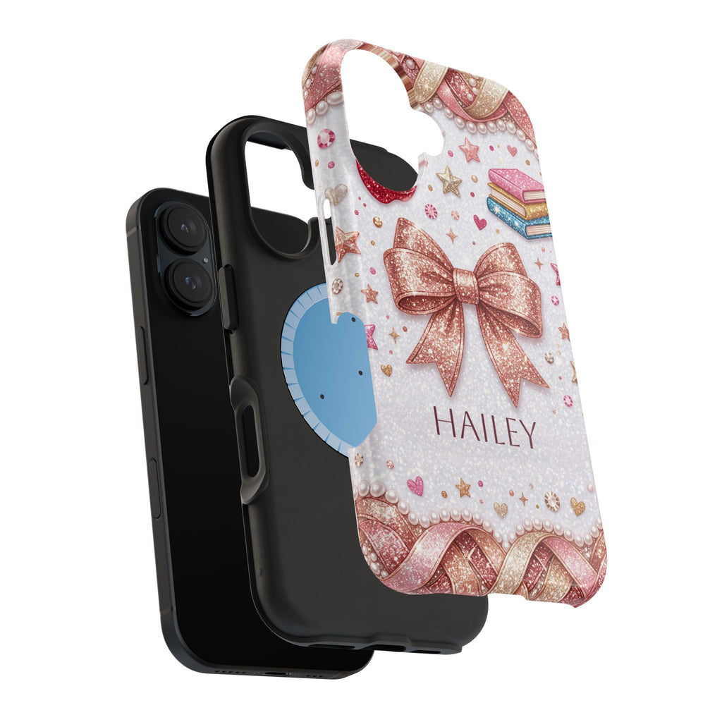 Rose Gold Glitter Bow Personalized Teacher Phone Case — Wireless Charging Cover