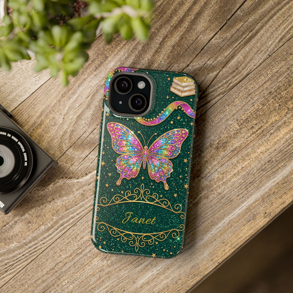 Rainbow Glitter Butterfly Personalized Teacher Phone Case — Wireless Charging Cover