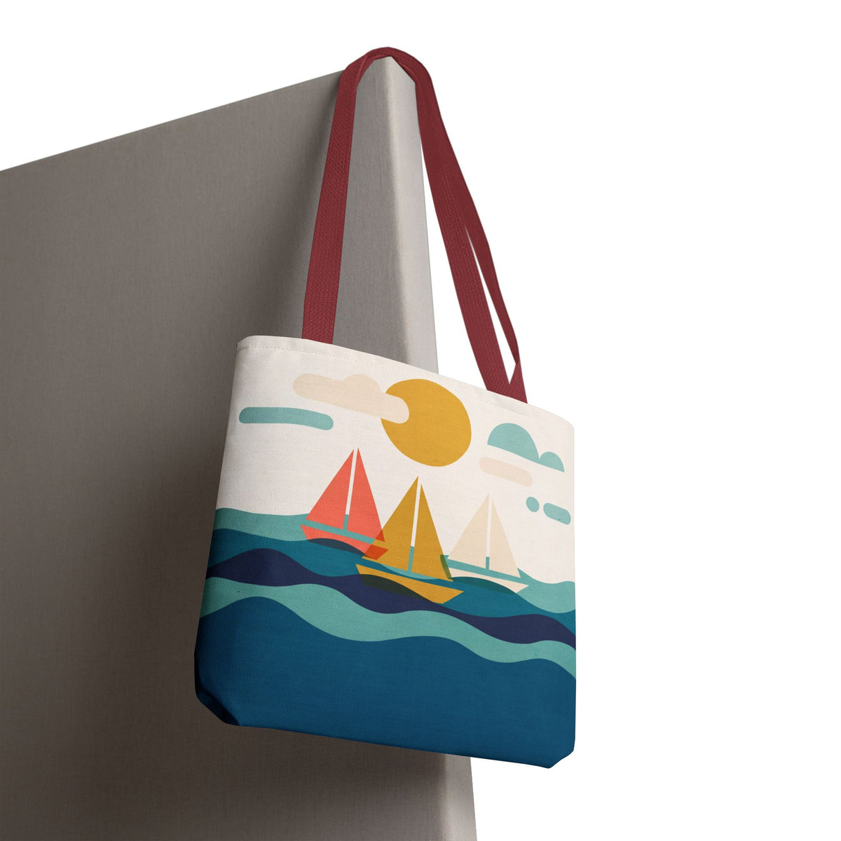 Minimalist Sailboat Tote Bag – Mid-Century Modern Ocean Waves Beach Bag