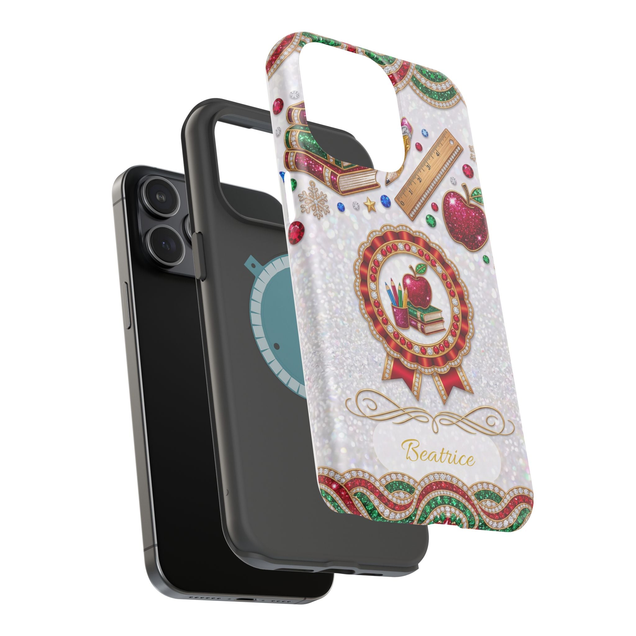 Jeweled Apple Medallion Personalized Teacher Phone Case — Wireless Charging Cover