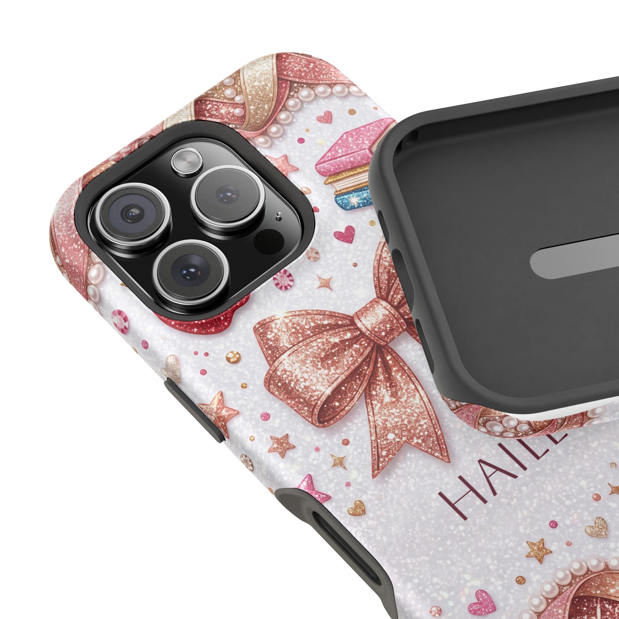 Rose Gold Glitter Bow Personalized Teacher Phone Case — Wireless Charging Cover
