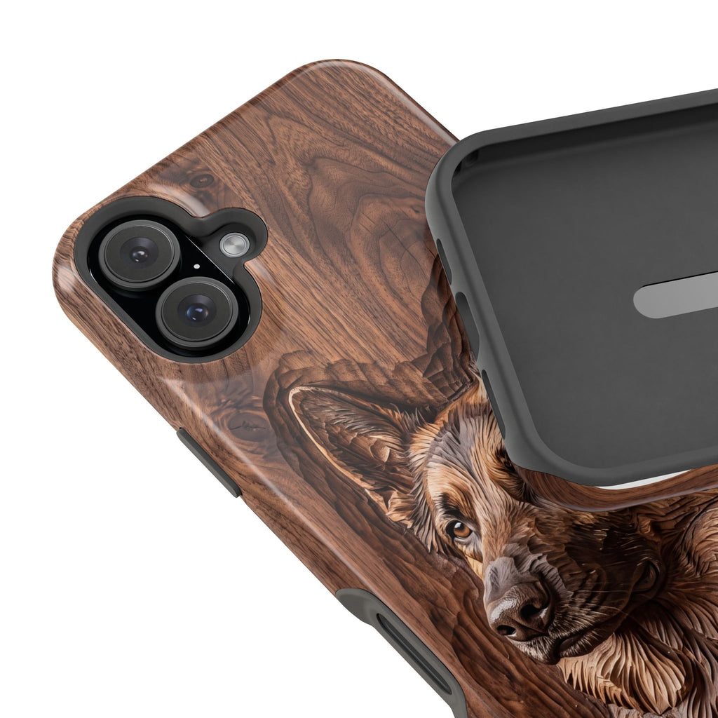 German Shepherd Phone Case | Carved Walnut Art — Tough Magnetic Case with Wireless Charging