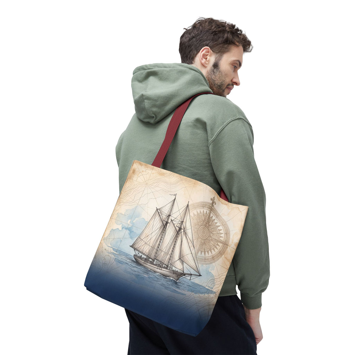 Vintage Schooner Tote Bag – Antique Nautical Map Compass Beach Bag