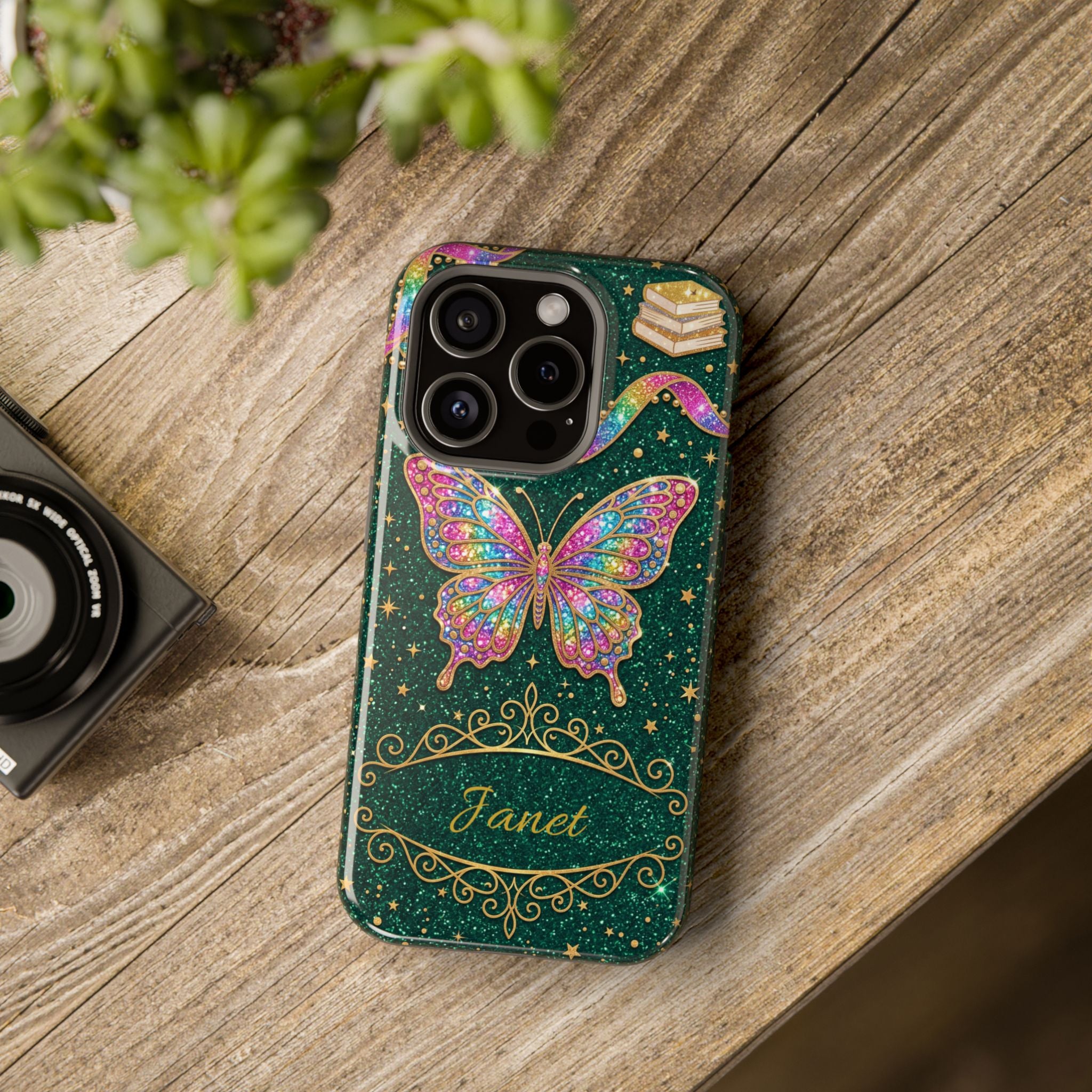 Rainbow Glitter Butterfly Personalized Teacher Phone Case — Wireless Charging Cover