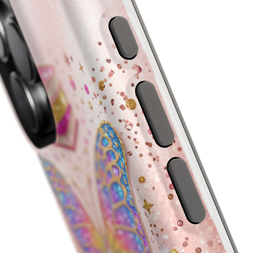 Blush Glitter Butterfly Personalized Teacher Phone Case — Wireless Charging Cover