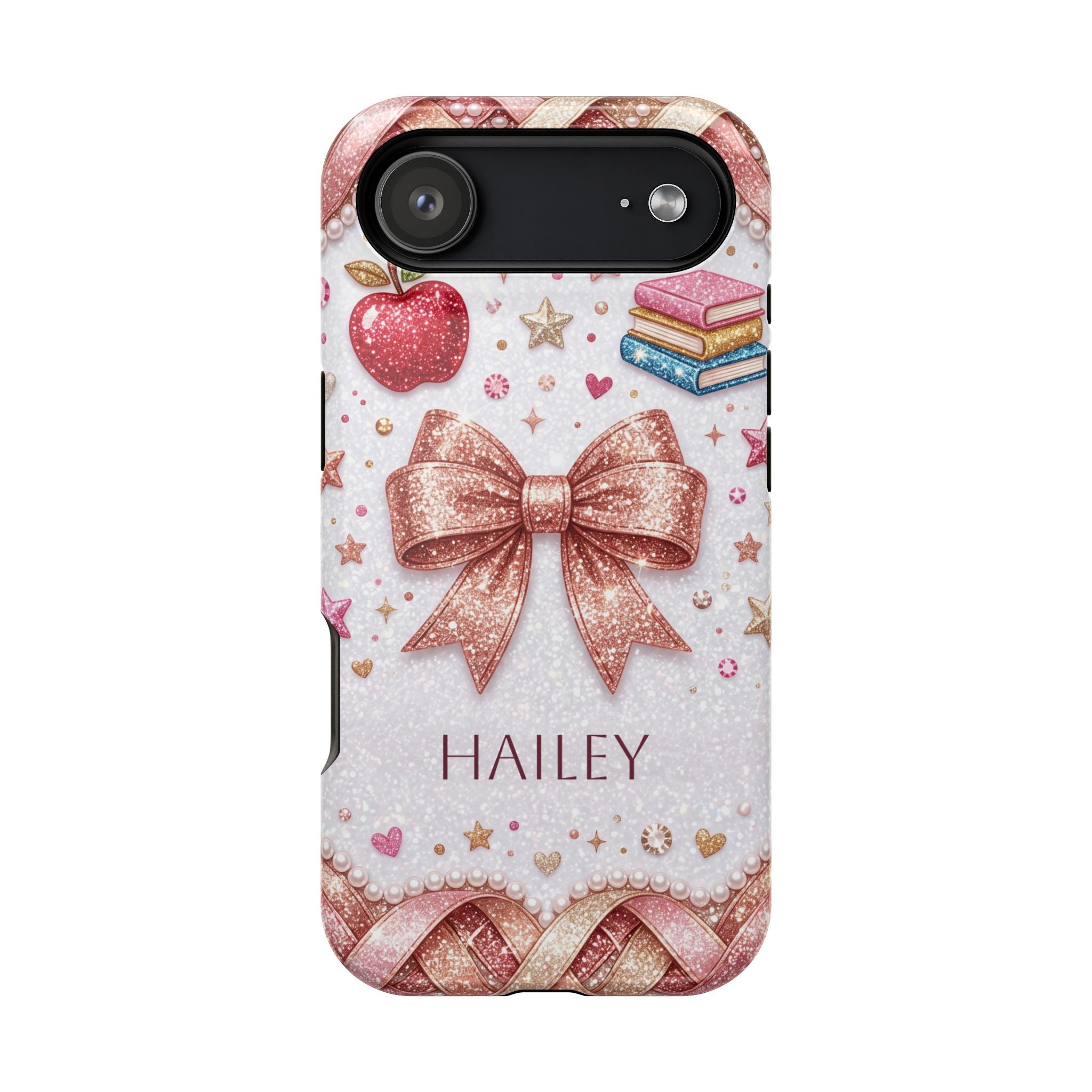 Rose Gold Glitter Bow Personalized Teacher Phone Case — Wireless Charging Cover