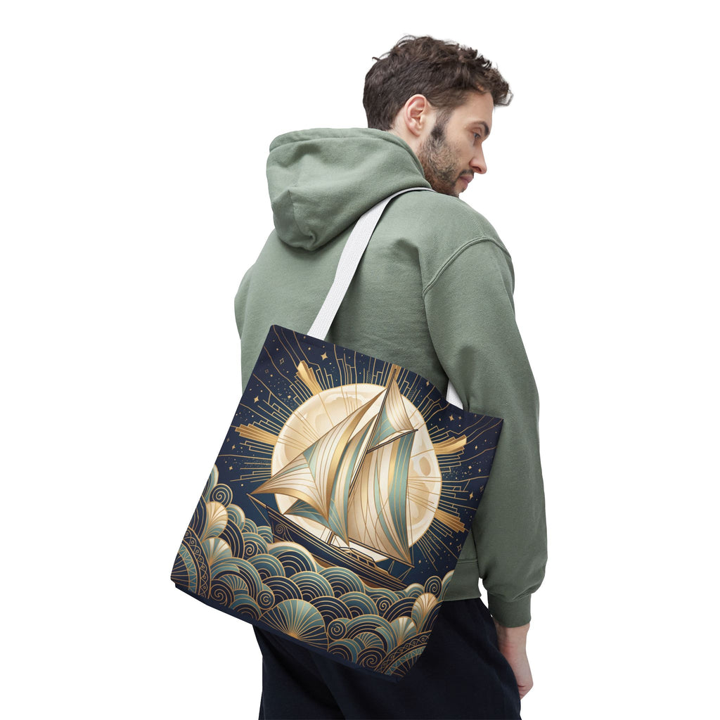 Art Deco Moonlit Sailboat Tote Bag – Starry Night Nautical Beach Bag