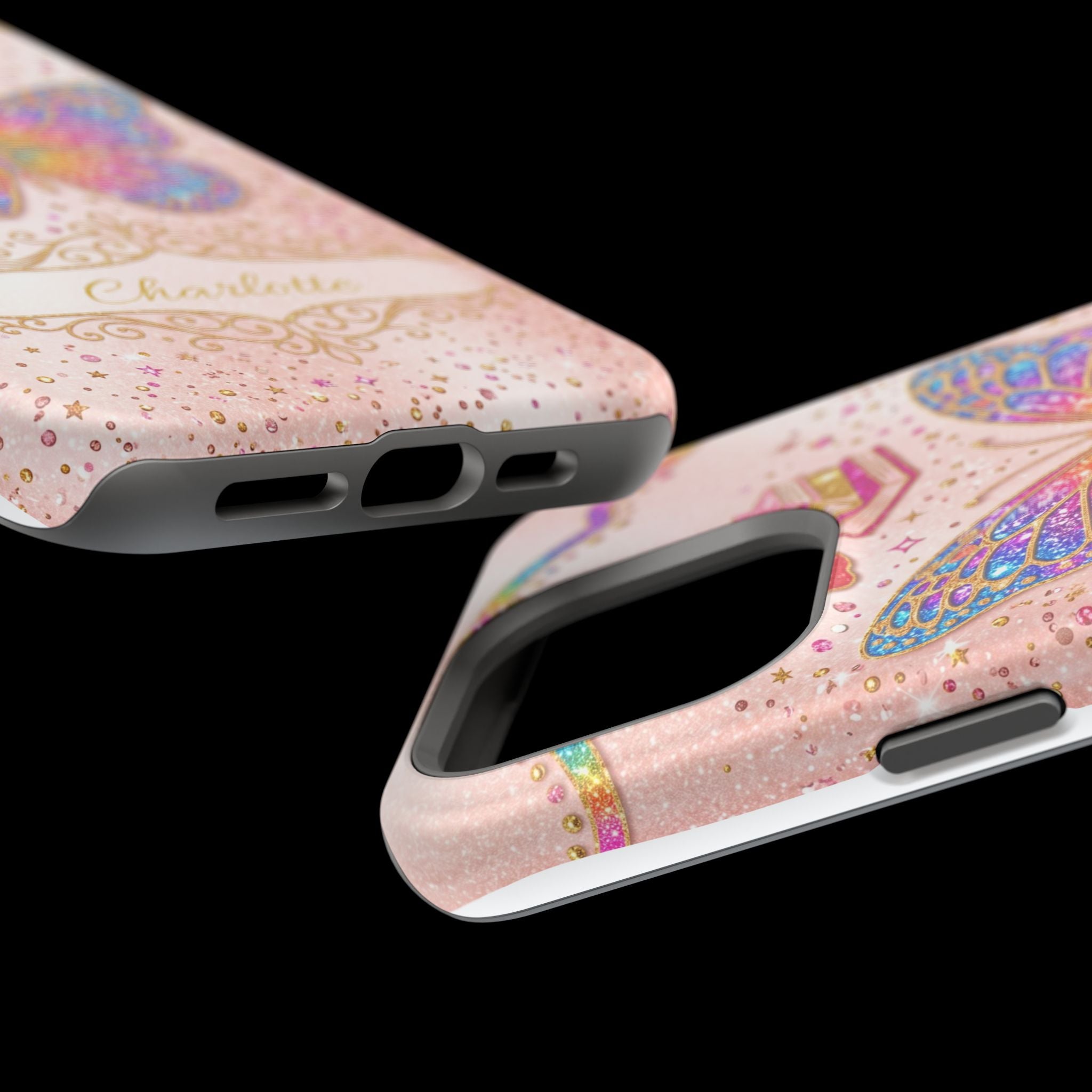 Blush Glitter Butterfly Personalized Teacher Phone Case — Wireless Charging Cover