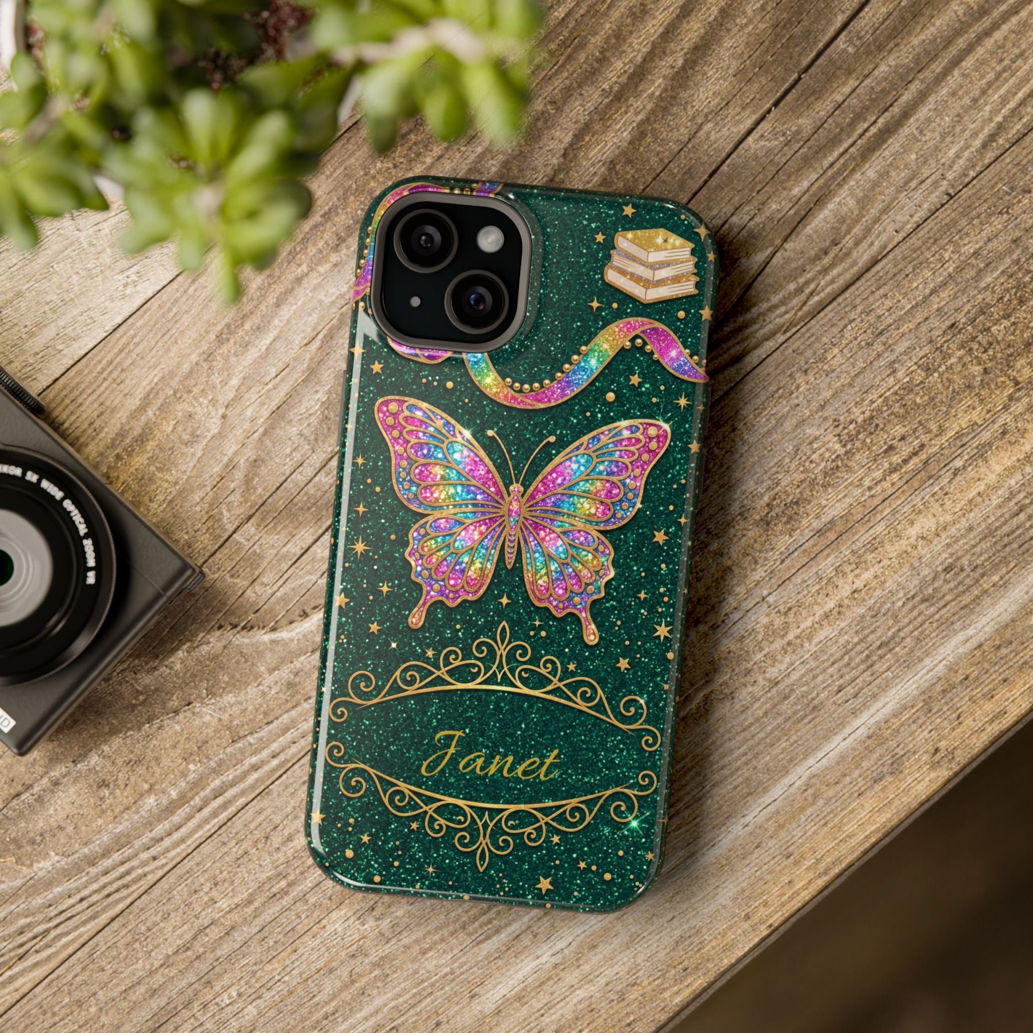 Rainbow Glitter Butterfly Personalized Teacher Phone Case — Wireless Charging Cover