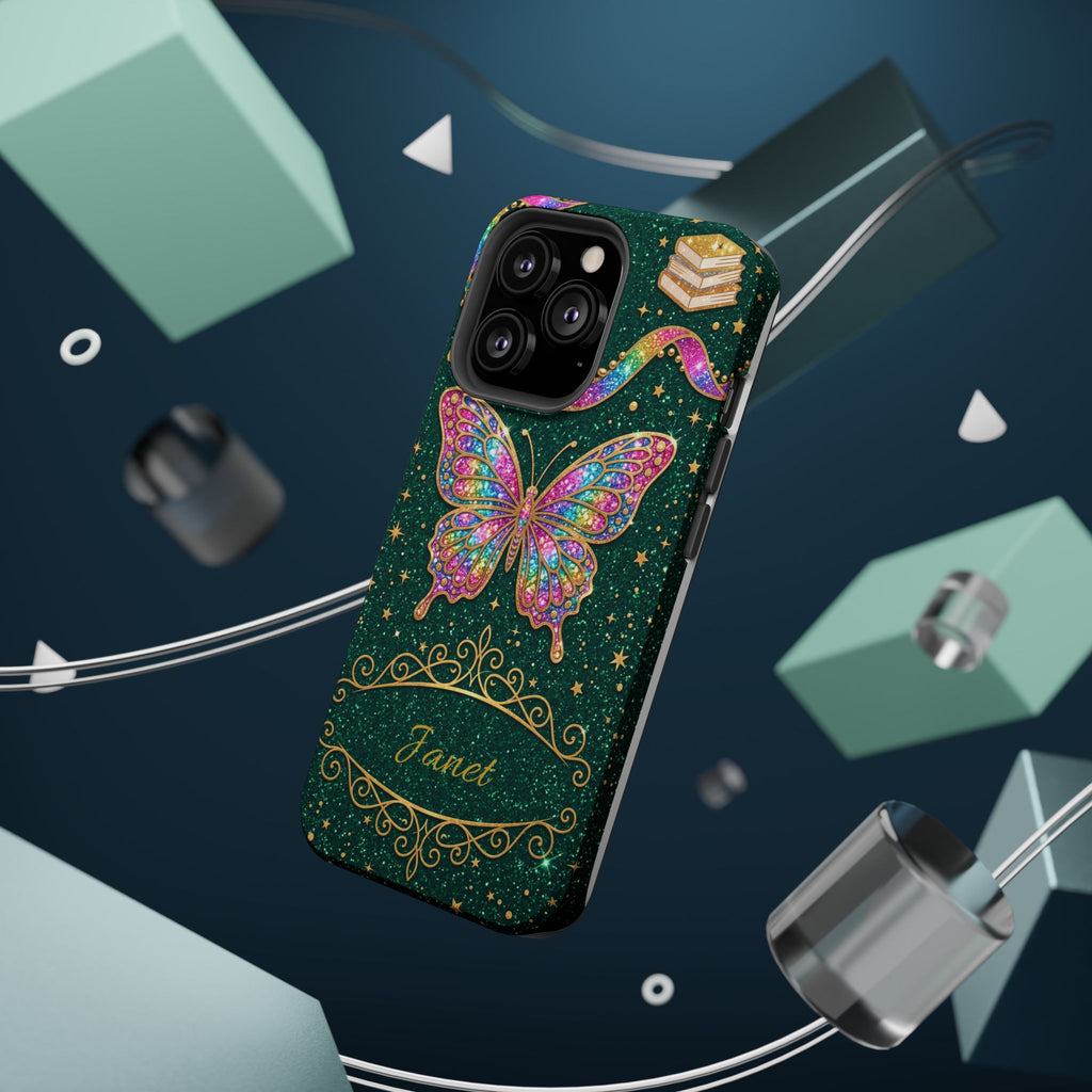 Rainbow Glitter Butterfly Personalized Teacher Phone Case — Wireless Charging Cover