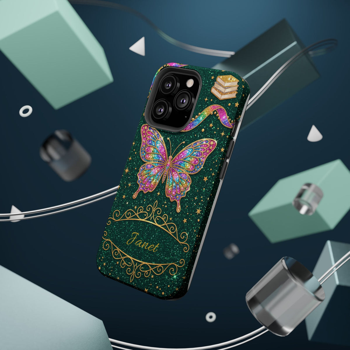 Rainbow Glitter Butterfly Personalized Teacher Phone Case — Wireless Charging Cover