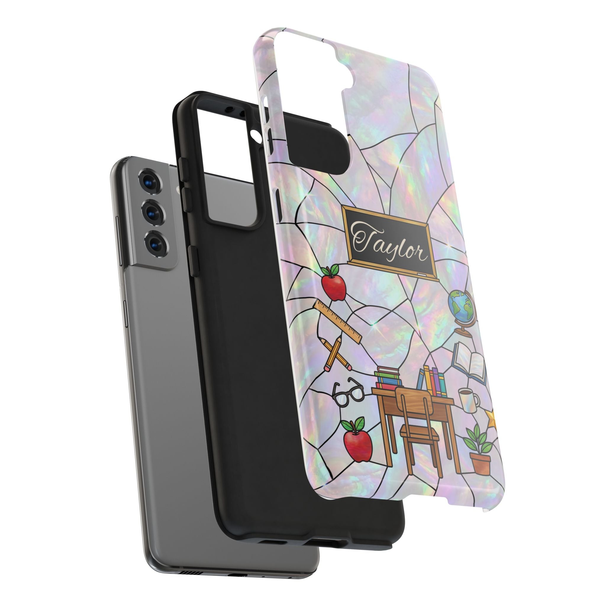 Personalized Teacher Phone Case — Custom Name Stained Glass Classroom Design