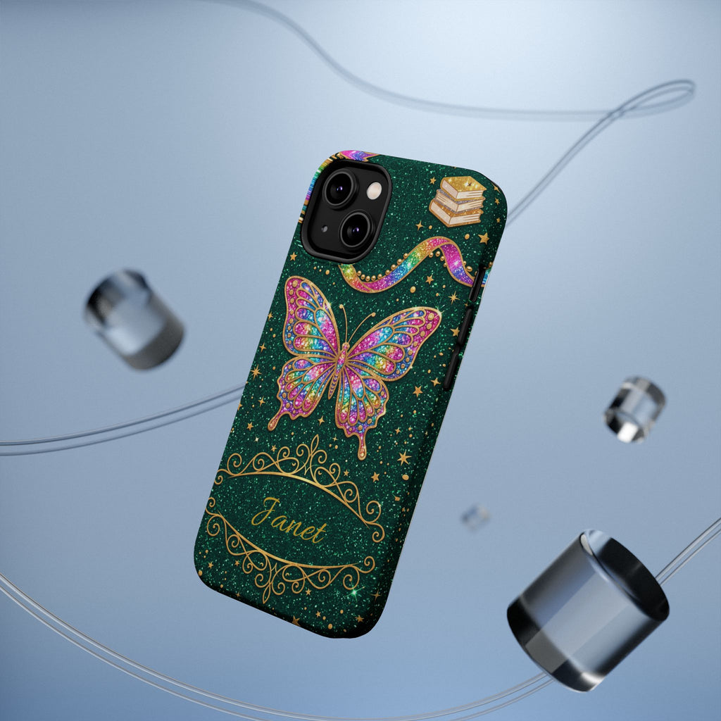 Rainbow Glitter Butterfly Personalized Teacher Phone Case — Wireless Charging Cover