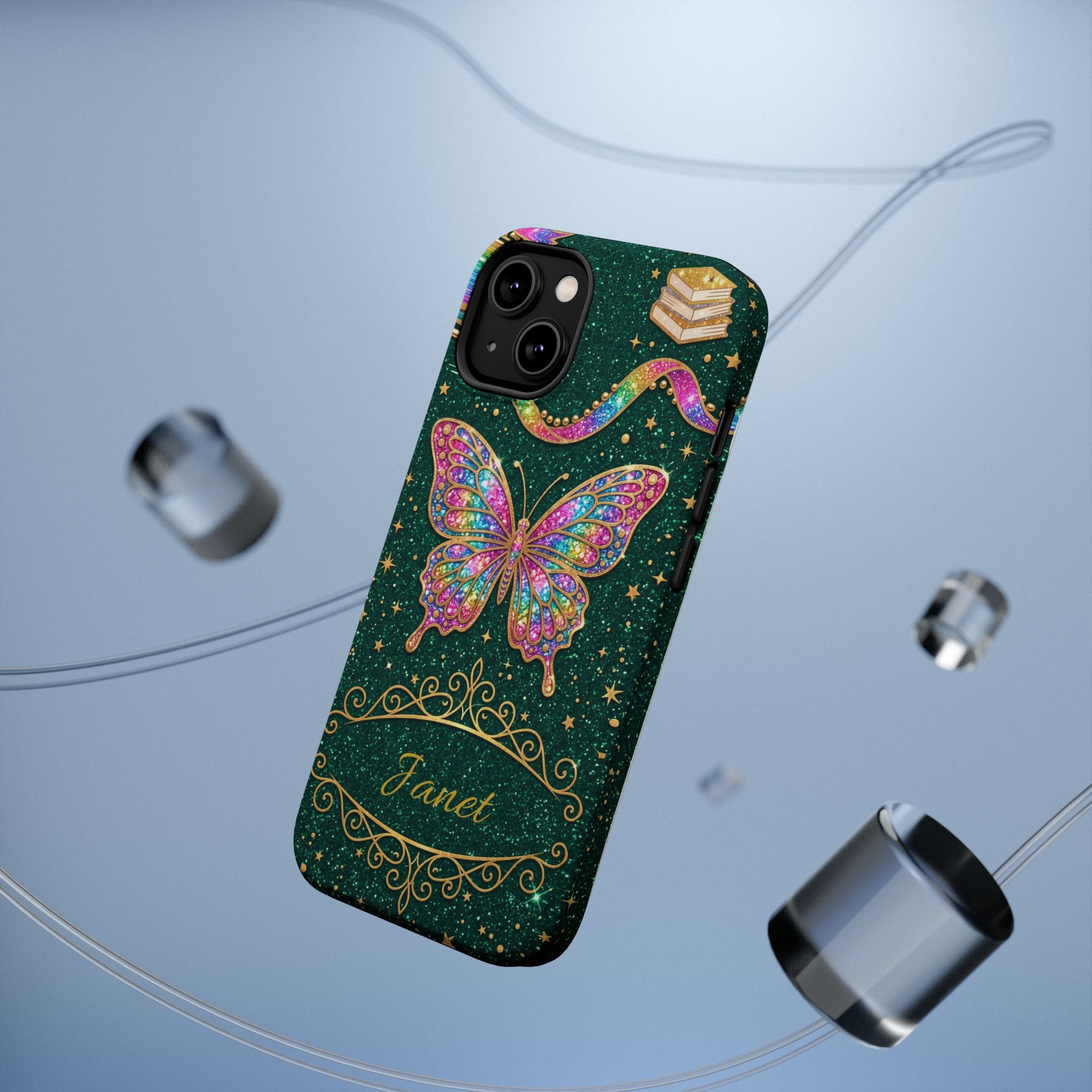 Rainbow Glitter Butterfly Personalized Teacher Phone Case — Wireless Charging Cover