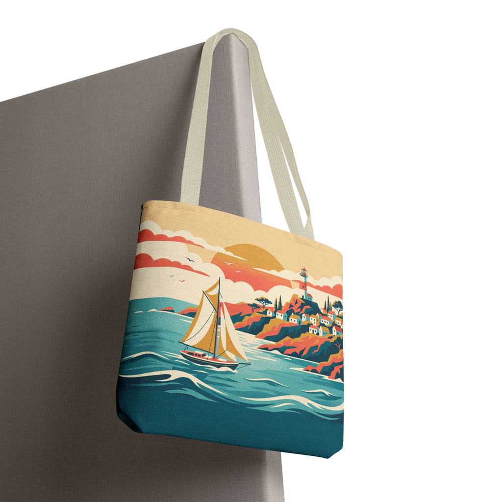 Coastal Lighthouse Sailboat Tote Bag – Retro Seaside Sunset Beach Bag