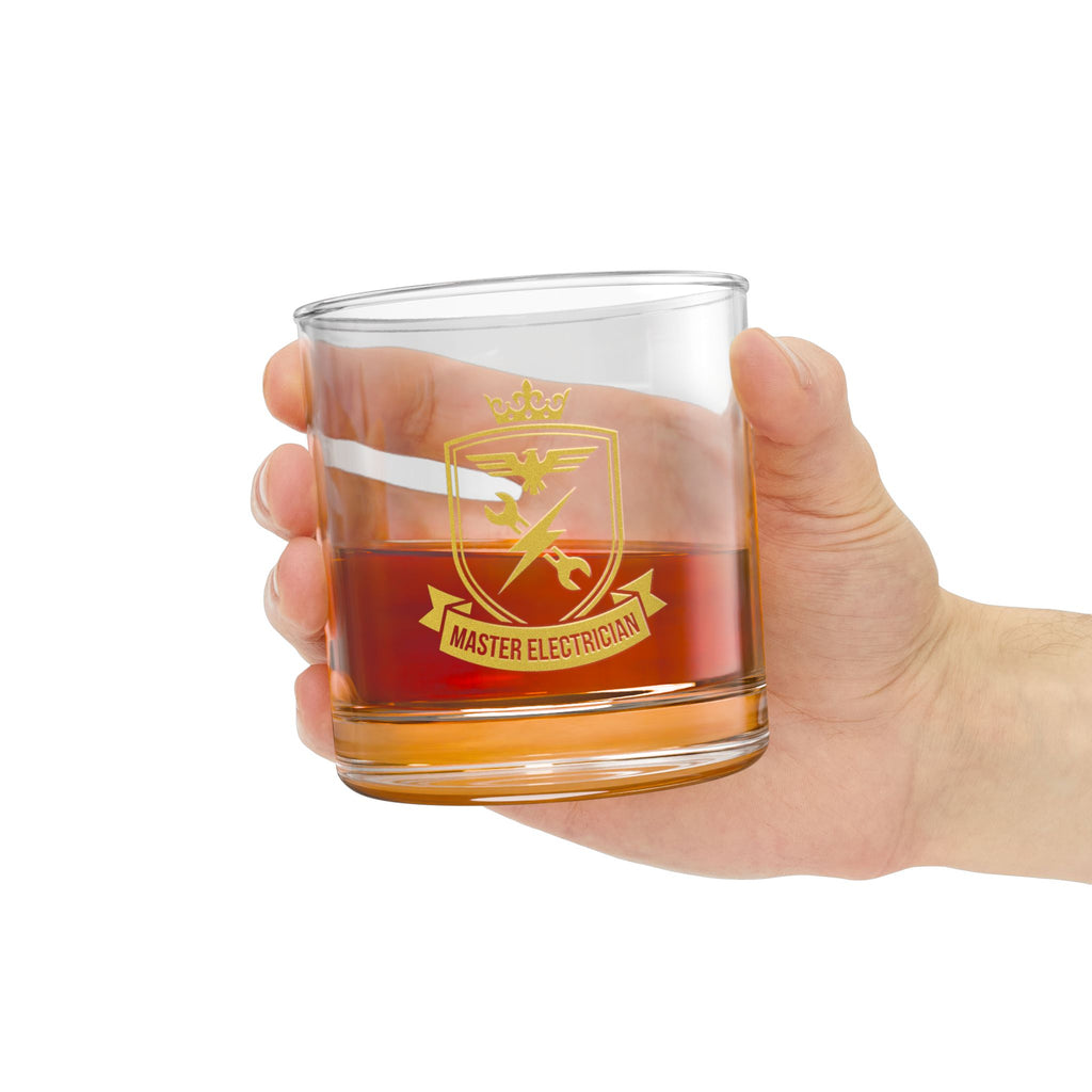 Master Electrician Crest Rocks Glass 10oz — Gold Emblem Whiskey Tumbler, Electrician Gift