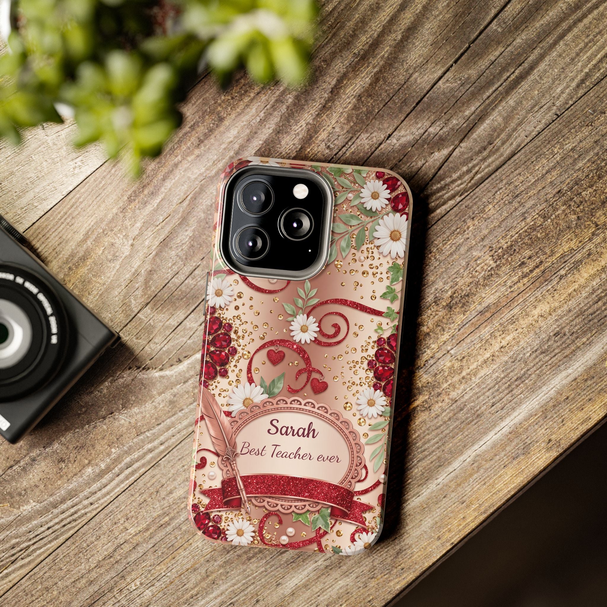 Personalized Teacher Phone Case — Custom Name and Message - Floral Jeweled Design