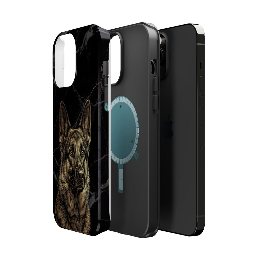 German Shepherd Phone Case | Black Marble Gold Sketch Art — Tough Magnetic Case with Wireless Charging