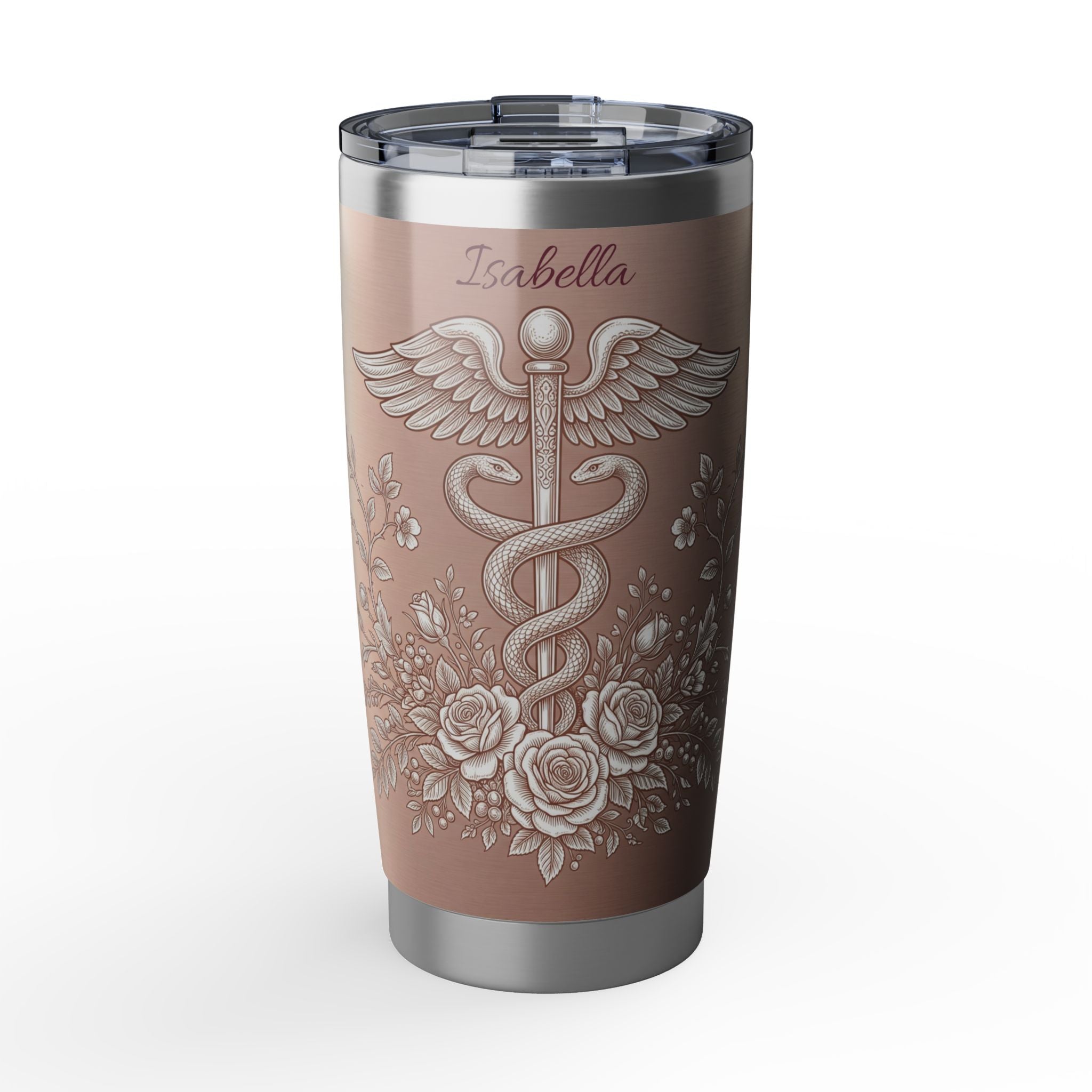 Personalized Caduceus Tumbler – Custom Name Rose Gold Floral Design 20 oz