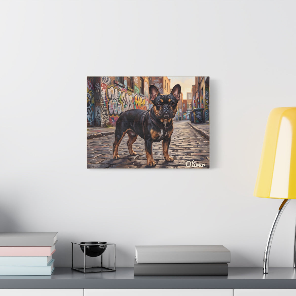French Bulldog Personalized Canvas | Black and Tan Frenchie Graffiti Alley Wall Art
