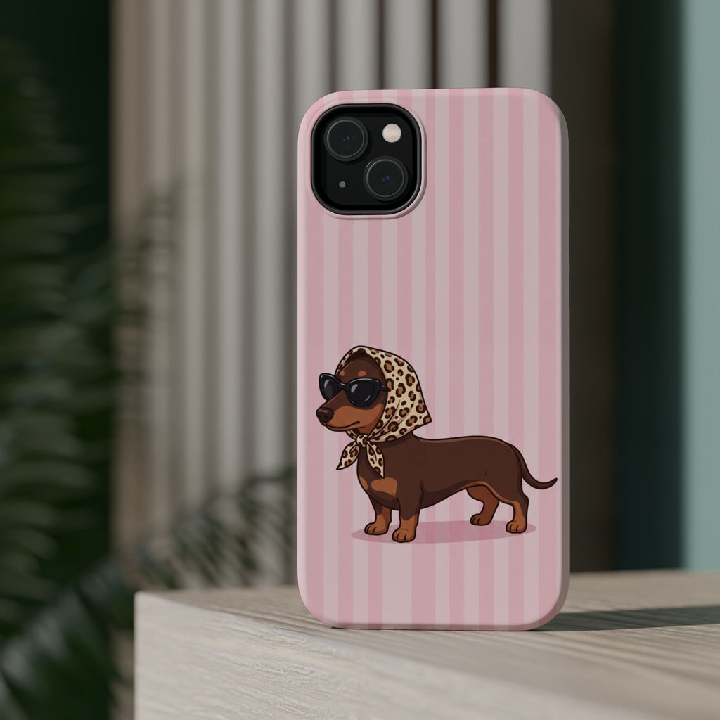 Glam Dachshund Phone Case | Cute Sausage Dog in Leopard Scarf & Sunglasses | Pink Stripe Case for iPhone & Samsung