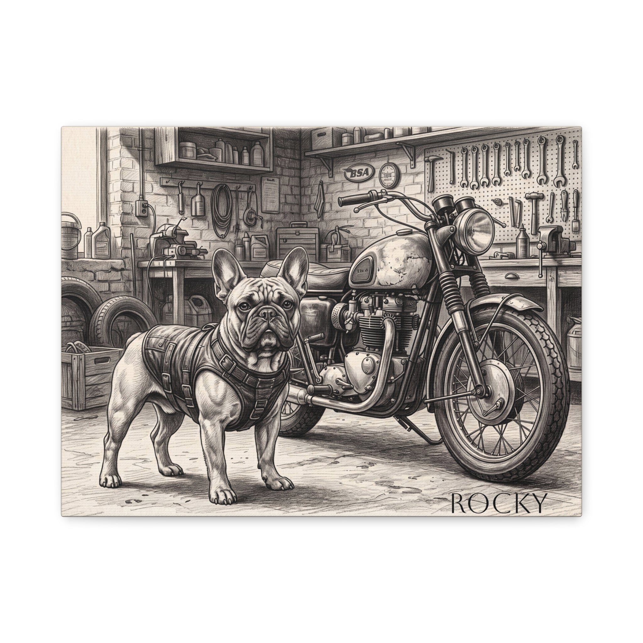 French Bulldog Motorcycle Garage Sketch Personalized Canvas | Vintage Biker Wall Art