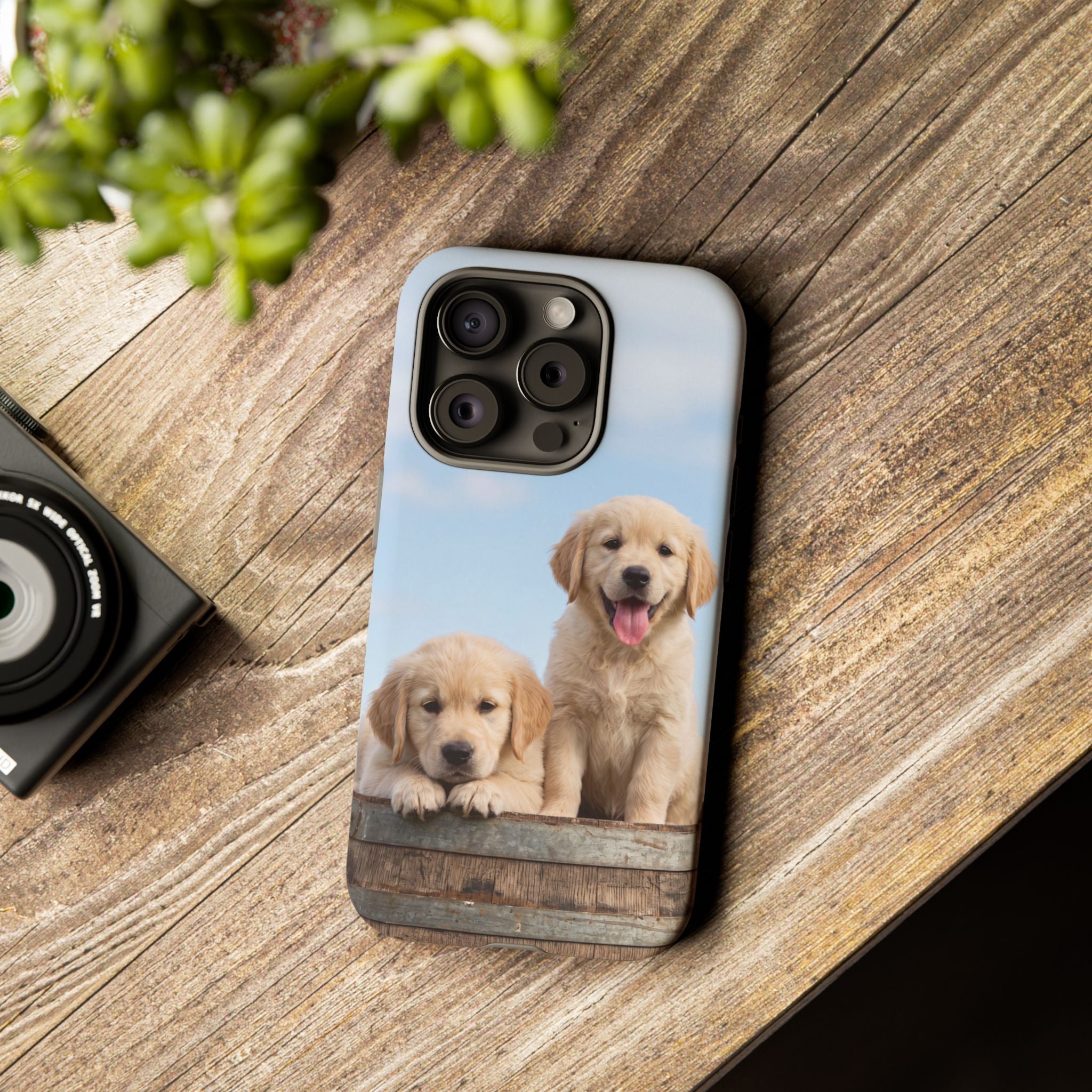 Golden Retriever Puppies on Barrel Phone Case | Cute Duo Under Blue Sky | iPhone & Samsung