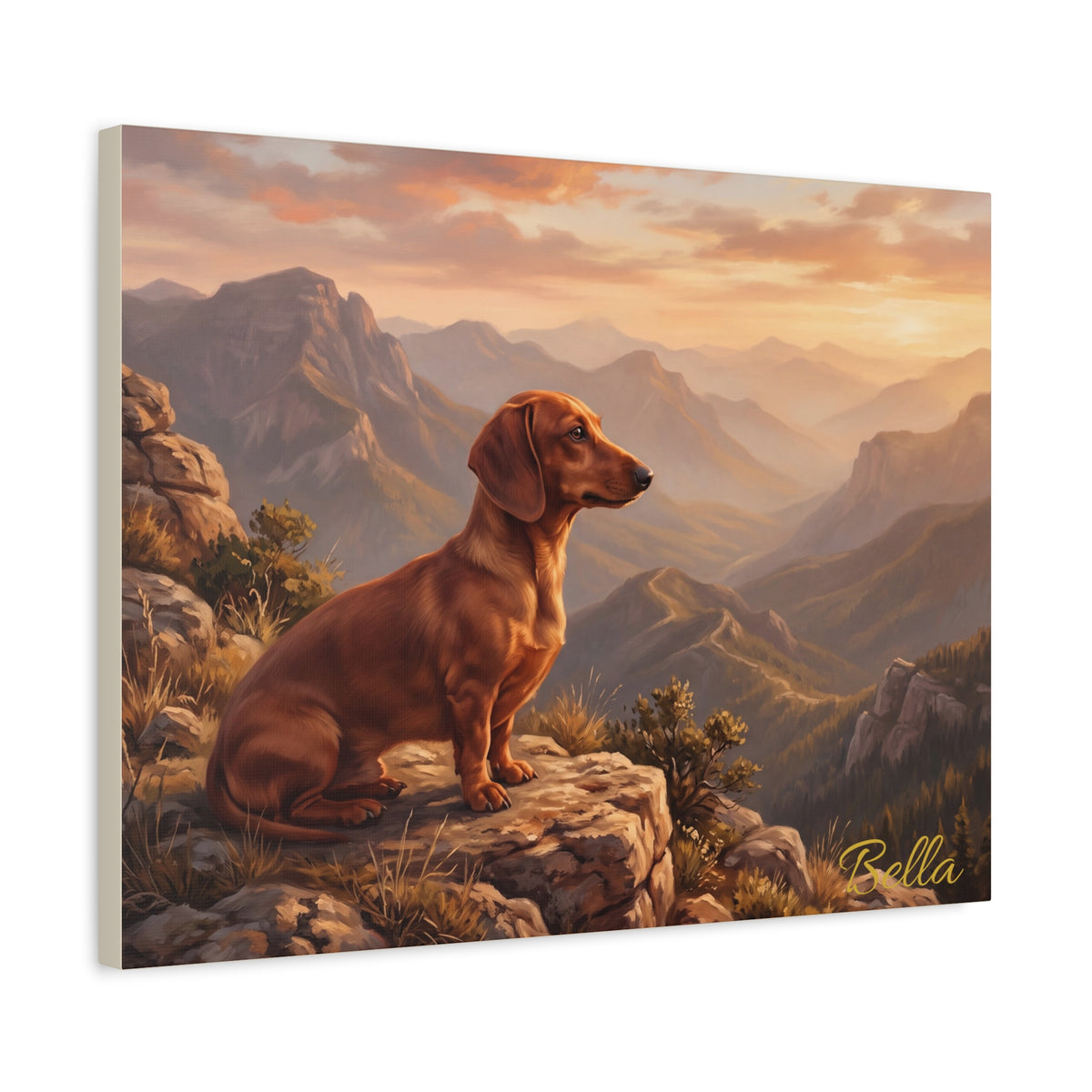 Personalized Dachshund Canvas — Mountain Sunset Scene