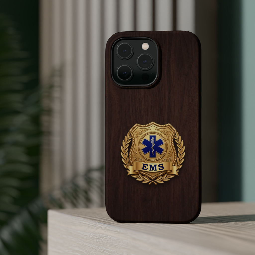 Gold EMS Laurel Badge Wood Phone Case — Magnetic Wireless Charging Cover