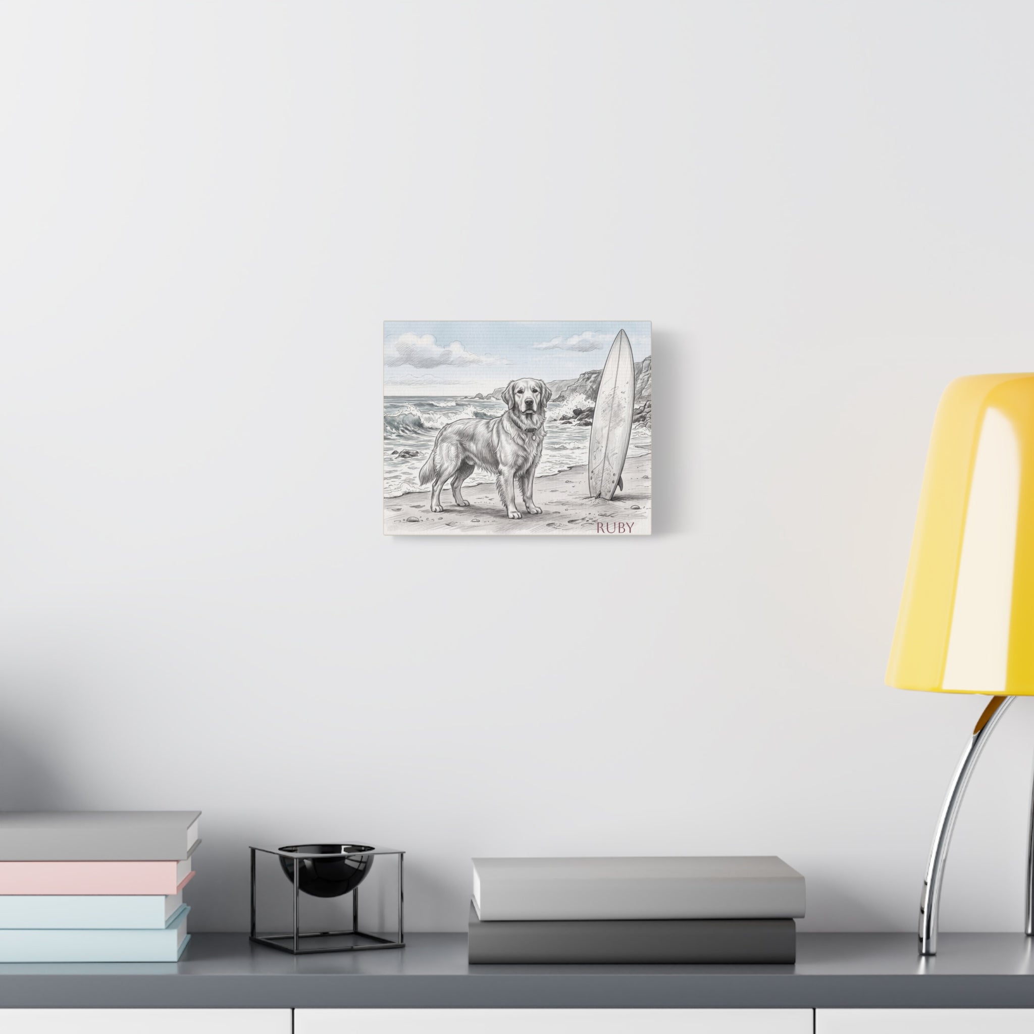 Golden Retriever Beach Sketch Personalized Canvas | Coastal Surf Wall Art