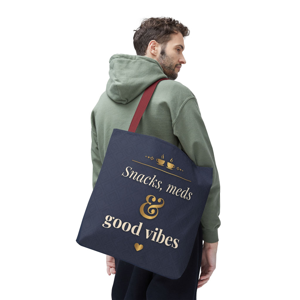 Snacks Meds & Good Vibes Tote | Funny Nurse Gift Tote Bag | Healthcare Worker Humour Gift | Premium Polyester Carry-All