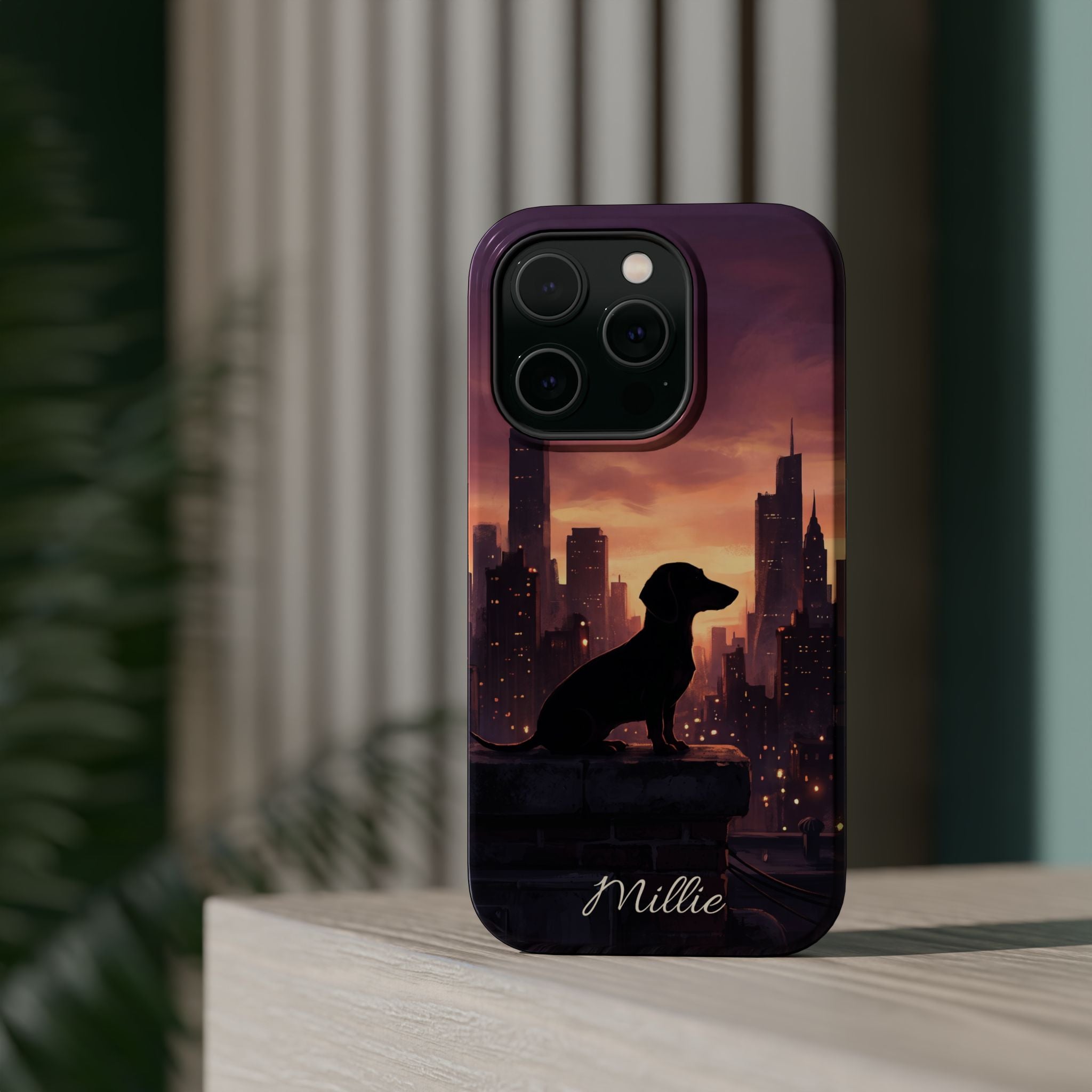 Personalized Dachshund City Skyline Phone Case — Wireless Charging Cover