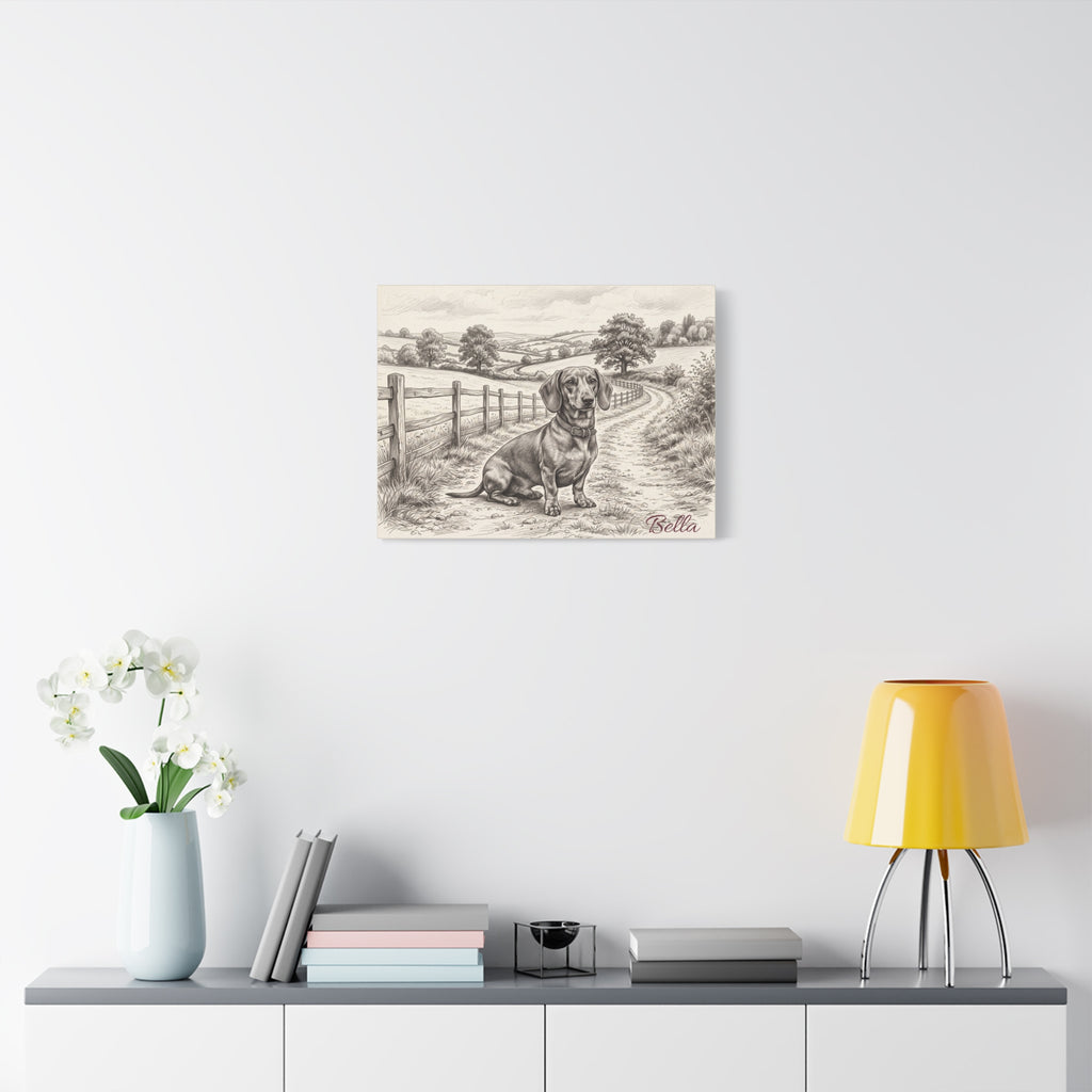 Dachshund Countryside Sketch Personalized Canvas | Rustic Farm Path Wall Art