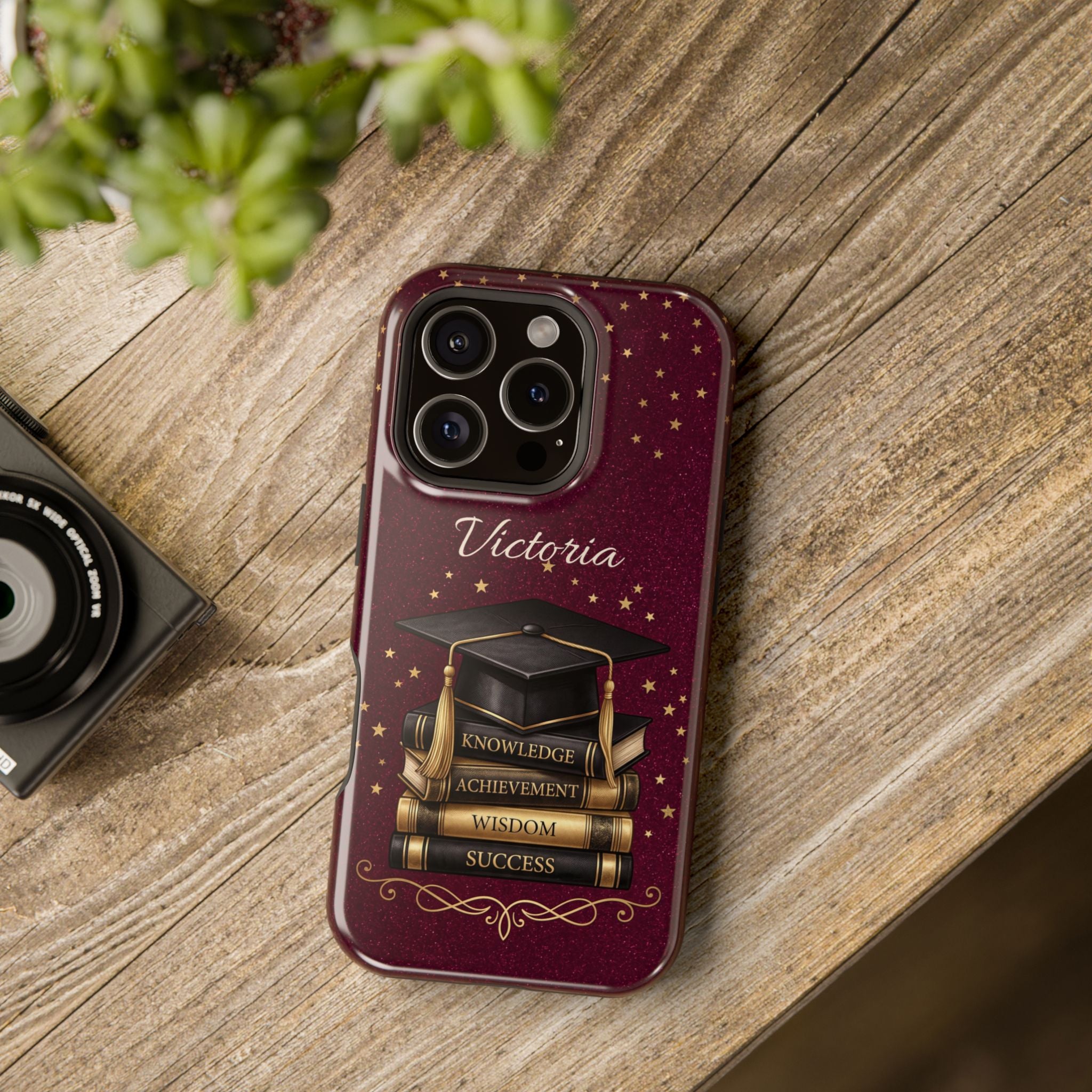 Graduation Cap & Books Personalized Teacher Phone Case — Wireless Charging Cover