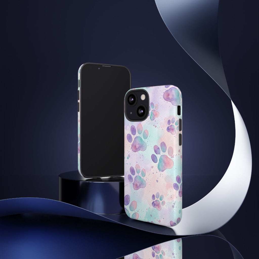 Watercolor Paw Print Phone Case | Pastel Purple, Teal & Pink Artistic Pattern | Samsung & iPhone