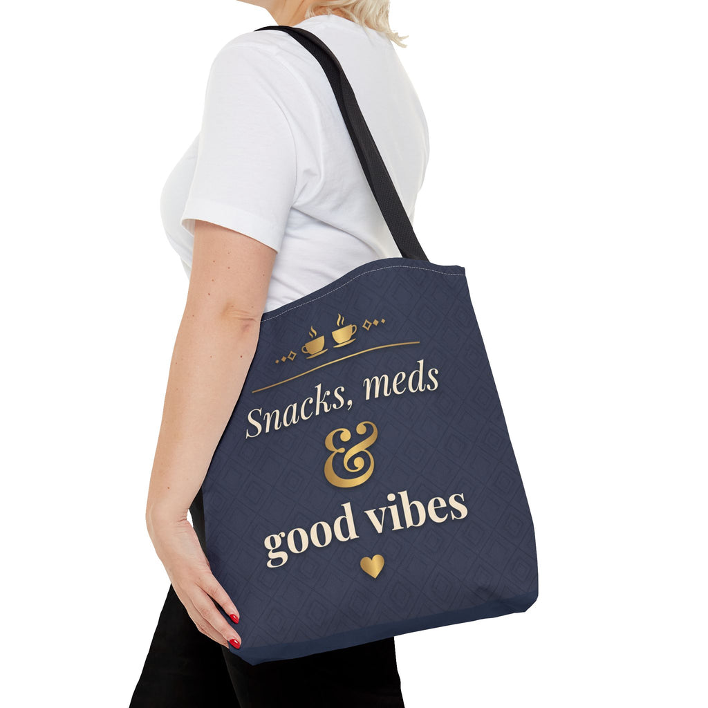 Snacks Meds & Good Vibes Tote | Funny Nurse Gift Tote Bag | Healthcare Worker Humour Gift | Premium Polyester Carry-All