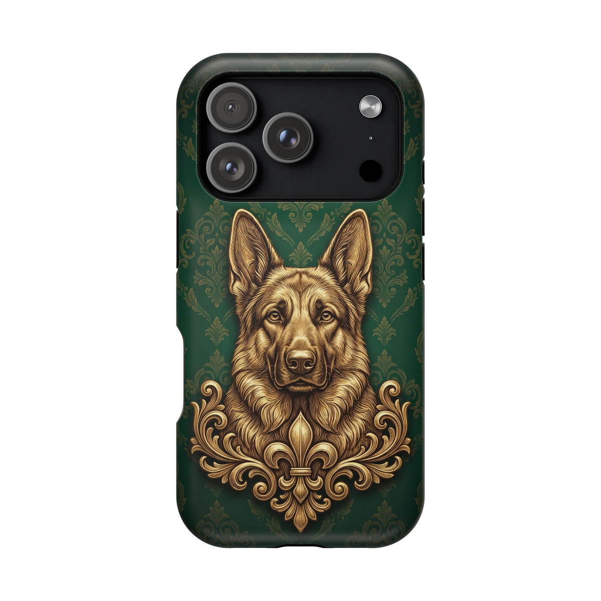 German Shepherd Phone Case | Emerald Baroque Gold Art — Tough Magnetic Case with Wireless Charging