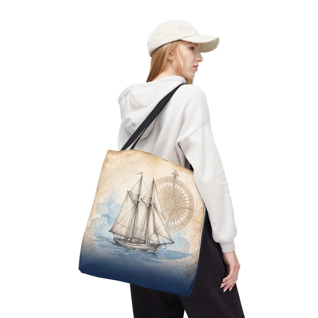 Vintage Schooner Tote Bag – Antique Nautical Map Compass Beach Bag
