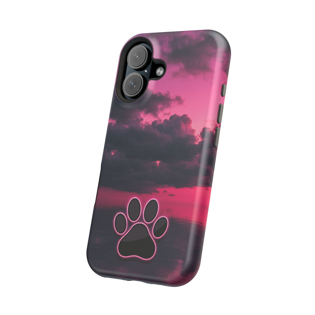iPhone & Samsung Magnetic Impact-Resistant Phone Case — Pink Twilight Cloud with Paw Print
