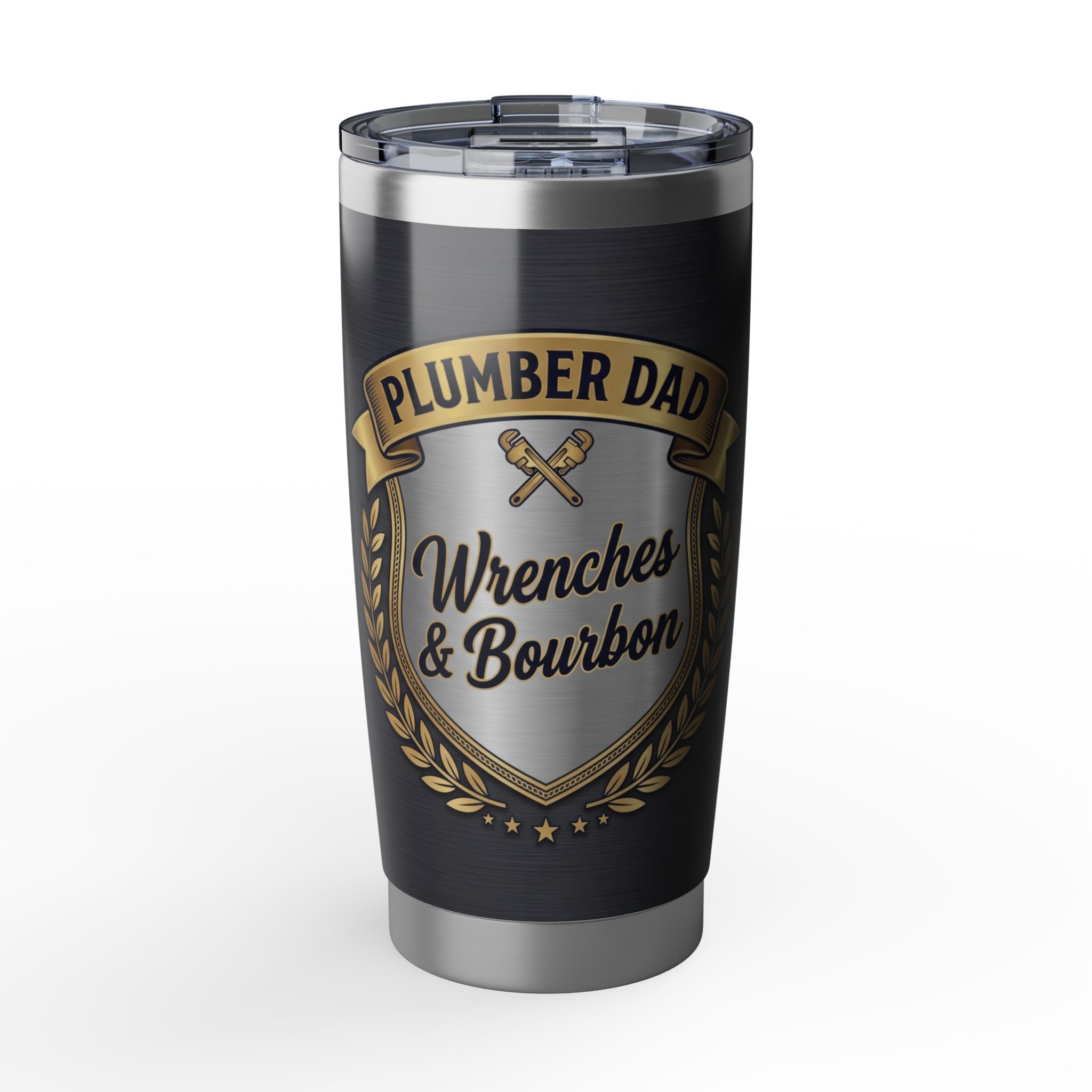 Plumber Dad Tumbler – "Wrenches & Bourbon" Charcoal Crest Design 20 oz