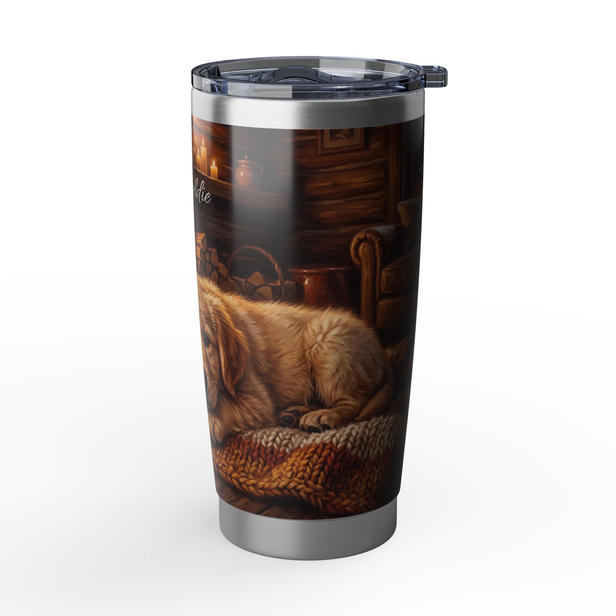 Golden Retriever Puppy Tumbler Personalized – 20 oz Stainless Steel Travel Mug with Custom Name, Cozy Cabin Design