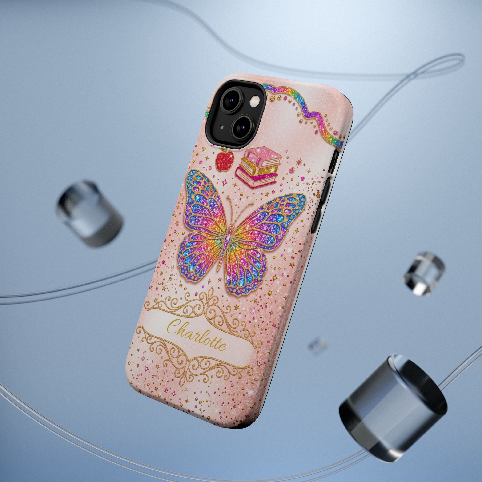 Blush Glitter Butterfly Personalized Teacher Phone Case — Wireless Charging Cover