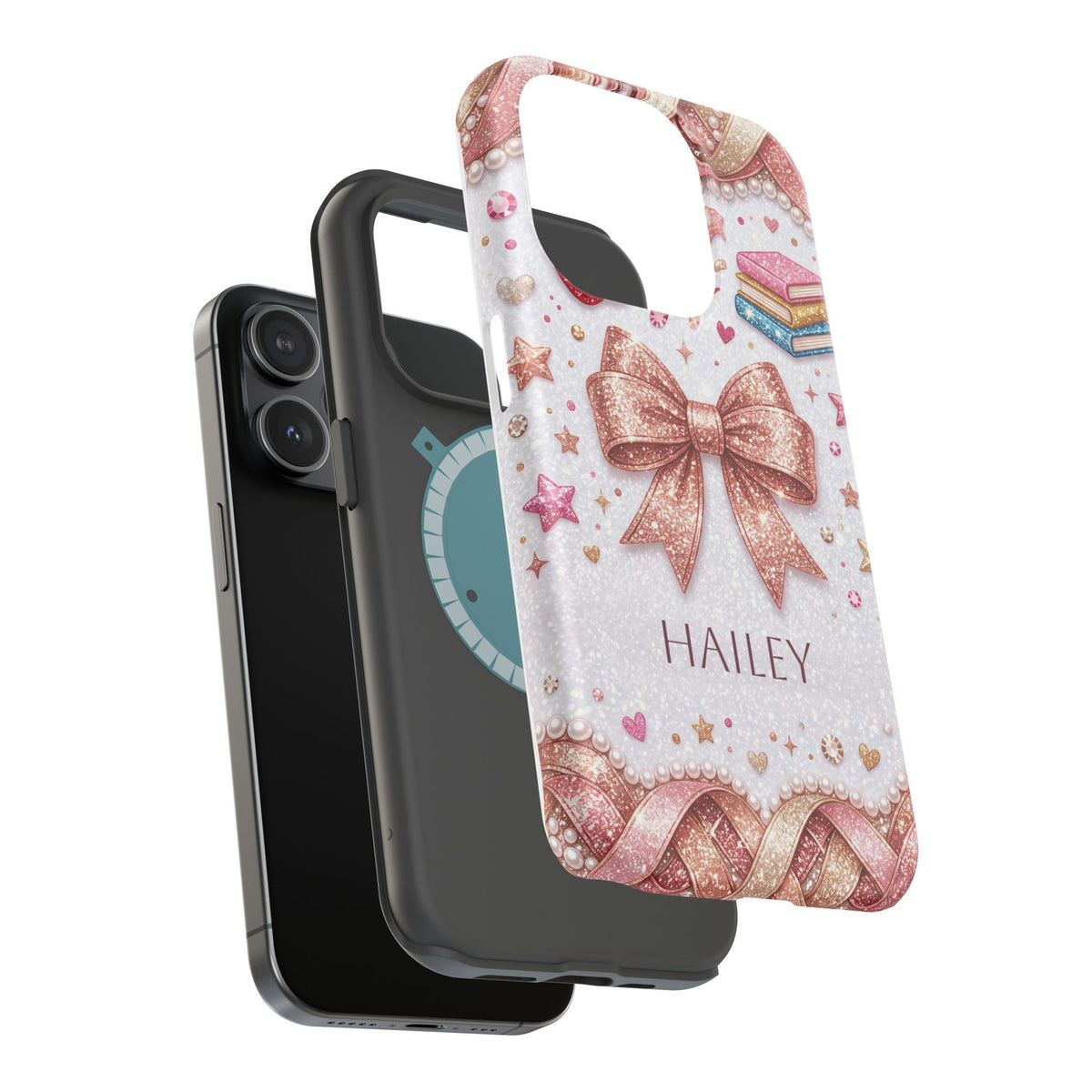 Rose Gold Glitter Bow Personalized Teacher Phone Case — Wireless Charging Cover