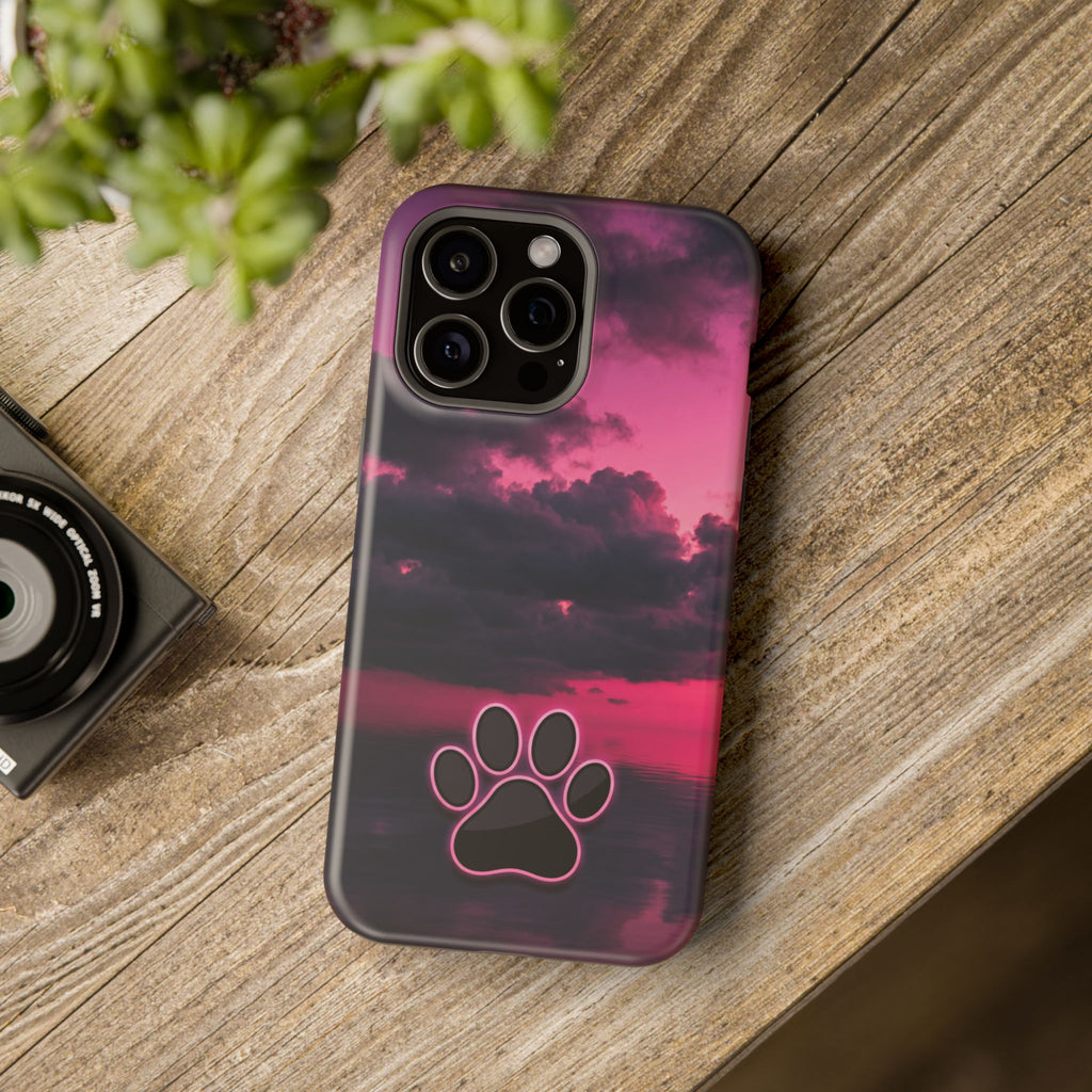 iPhone & Samsung Magnetic Impact-Resistant Phone Case — Pink Twilight Cloud with Paw Print