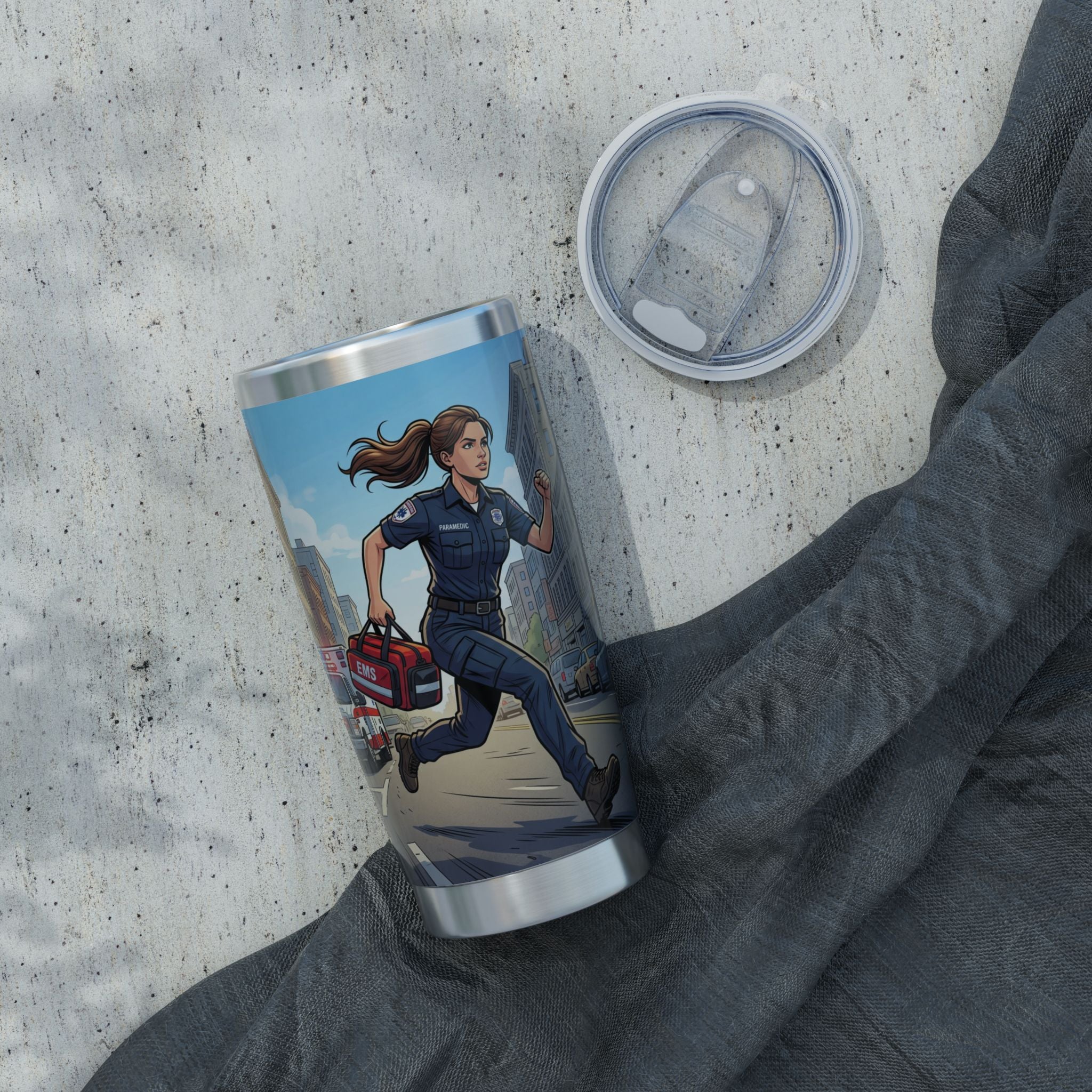 Paramedic/EMT 20oz Tumbler – Female Paramedic Running Illustration in Daytime