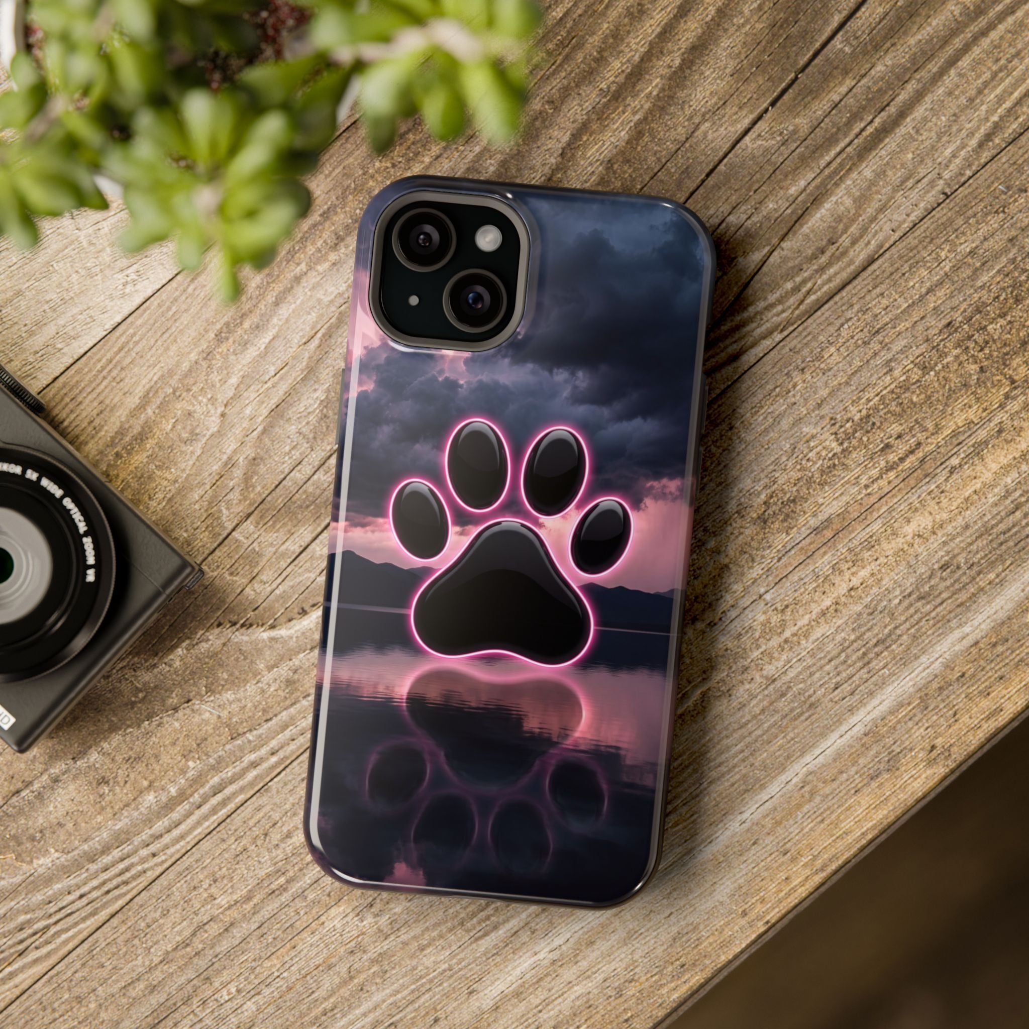 Neon Paw Print Phone Case — Impact-Resistant Wireless Charging Cover